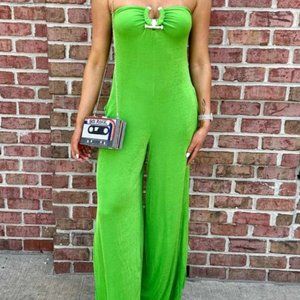 strapless green jumpsuit, new with tags, size large, 95% polyester, 5% spandex